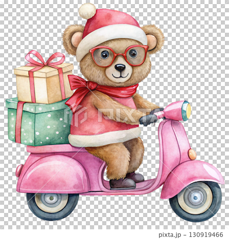 Cute chubby bear with Santa costume and sunglasses Drive a Vespa and deliver a gift white background  130919466