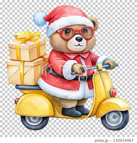 Cute chubby bear with Santa costume and sunglasses Drive a Vespa and deliver a gift white background  130919467
