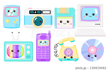 Cute 90s retro devices, game console, camera, floppy disc, monitor, keyboard, television, phone clipart Cute 90s retro devices, game console, camera, floppy disc, monitor, keyboard, television, phone clipart 130919482