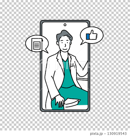 Stock Illustration: An illustration of a doctor conducting an online consultation on a smartphone screen and conveying materials and approval Stock Illustration: An illustration of a doctor conducting an online consultation on a smartphone screen and conveying materials and approval 130919543