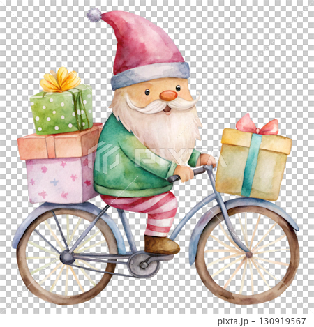 Cute gnome with black sunglasses, riding a vintage bicycle white background  130919567