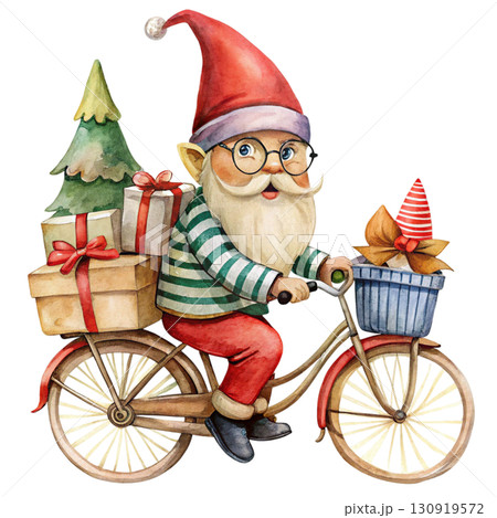 Cute gnome with black sunglasses, riding a vintage bicycle white background  130919572