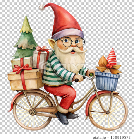 Cute gnome with black sunglasses, riding a vintage bicycle white background  130919572
