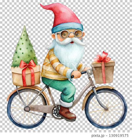 Cute gnome with black sunglasses, riding a vintage bicycle white background  130919575