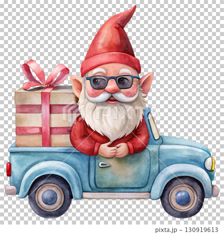 Cute gnome with black sunglasses, sitting on the back of a vintage pickup truck white background  Cute gnome with black sunglasses, sitting on the back of a vintage pickup truck white background  130919613
