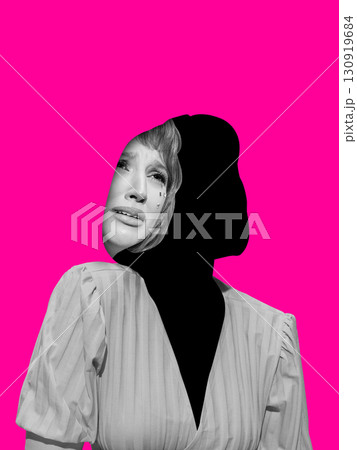 Surreal faceless woman with crying emotional portrait on vivid pink background Surreal faceless woman with crying emotional portrait on vivid pink background 130919684