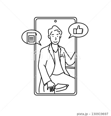 イラスト素材: スマートフォン画面で医師がオンライン診察を行い資料と承認を伝える線画イラスト 130919697