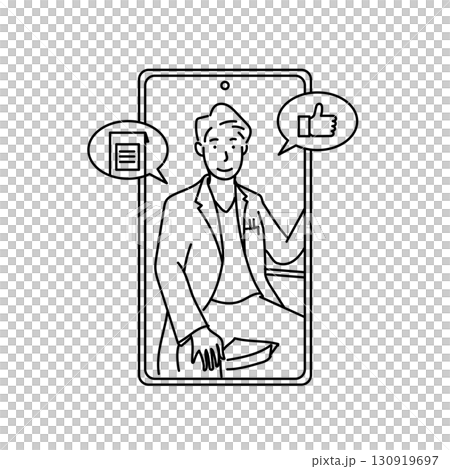 Stock Illustration: A line drawing illustration of a doctor conducting an online consultation on a smartphone screen and conveying materials and approval 130919697
