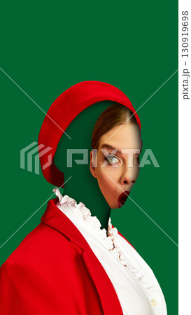 Surreal collage art of faceless woman in red beret with exaggerated shocked expression 130919698