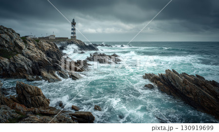 Rocky coast, lighthouse, stormy weather, crashing waves, dramatic sky, ocean 130919699