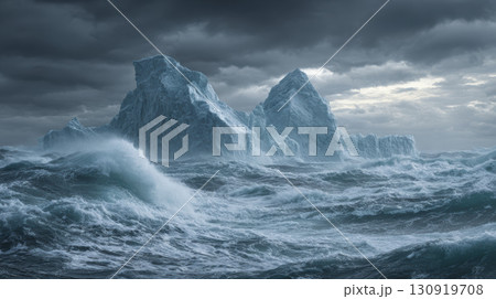 Massive icebergs in stormy sea with dramatic clouds, cold powerful waves, arctic landscape Massive icebergs in stormy sea with dramatic clouds, cold powerful waves, arctic landscape 130919708