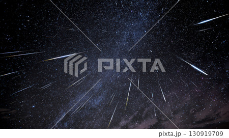 Meteor shower in clear night sky with streaks of light and stars, cosmic wonder, awe inspiring 130919709