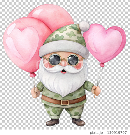Cute Santa Claus wearing a camouflage military hat, black sunglasses, holding  red heart-shaped balloons white background  130919797