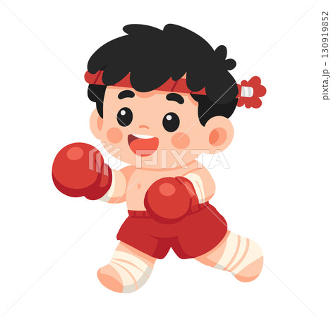 Cartoon Illustration of a Young Muay Thai Boxer 130919852