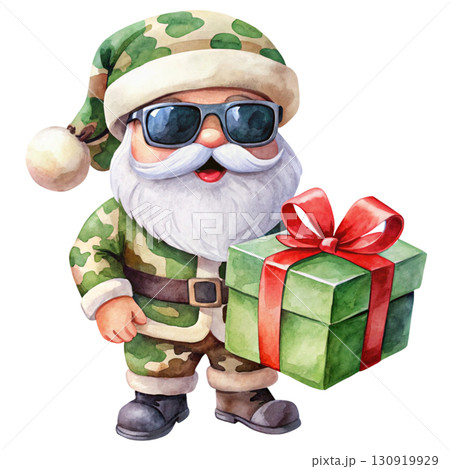 Santa Claus wearing a camouflage military hat black sunglasses holding a colorful gift box white background Santa Claus wearing a camouflage military hat black sunglasses holding a colorful gift box white background 130919929