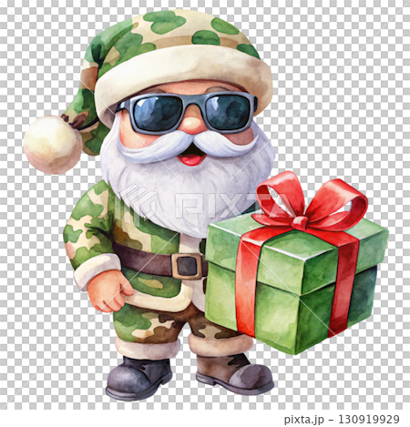 Santa Claus wearing a camouflage military hat black sunglasses holding a colorful gift box white background Santa Claus wearing a camouflage military hat black sunglasses holding a colorful gift box white background 130919929