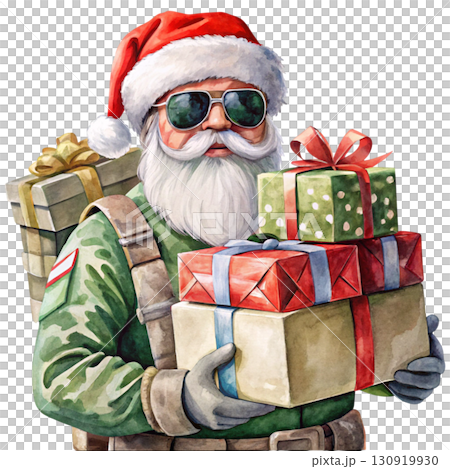 Santa Claus wearing a camouflage military hat black sunglasses holding a colorful gift box white background  Santa Claus wearing a camouflage military hat black sunglasses holding a colorful gift box white background  130919930