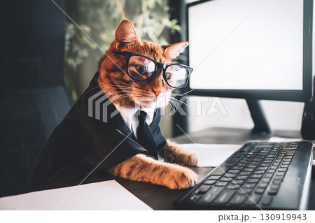 オフィスで働くめがね猫　AI生成画像 130919943