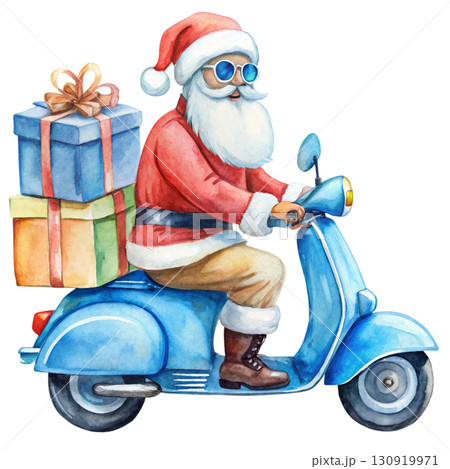 Santa Claus wearing sunglasses riding a Vespa, gift boxes white background Santa Claus wearing sunglasses riding a Vespa, gift boxes white background 130919971