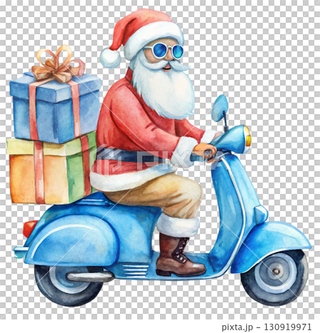 Santa Claus wearing sunglasses riding a Vespa, gift boxes white background Santa Claus wearing sunglasses riding a Vespa, gift boxes white background 130919971