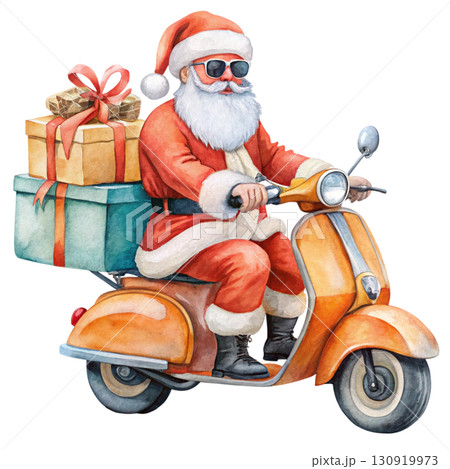 Santa Claus wearing sunglasses riding a Vespa, gift boxes white background  130919973