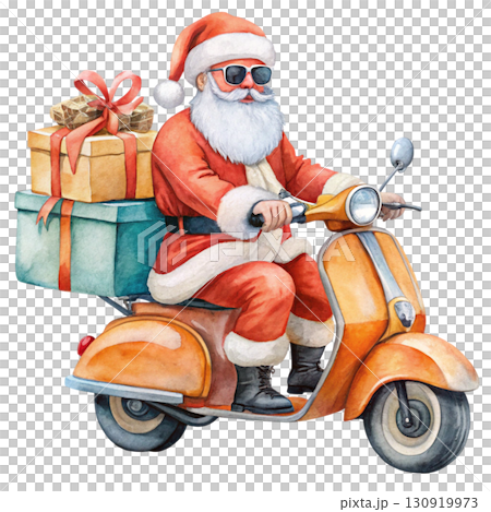 Santa Claus wearing sunglasses riding a Vespa, gift boxes white background  130919973