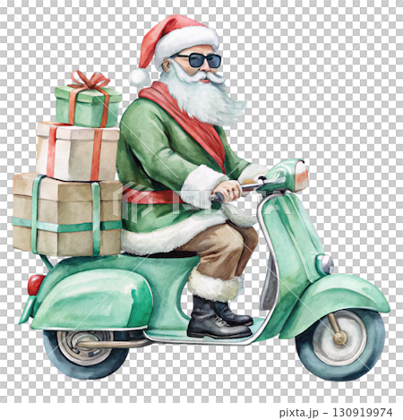 Santa Claus wearing sunglasses riding a Vespa, gift boxes white background  Santa Claus wearing sunglasses riding a Vespa, gift boxes white background  130919974
