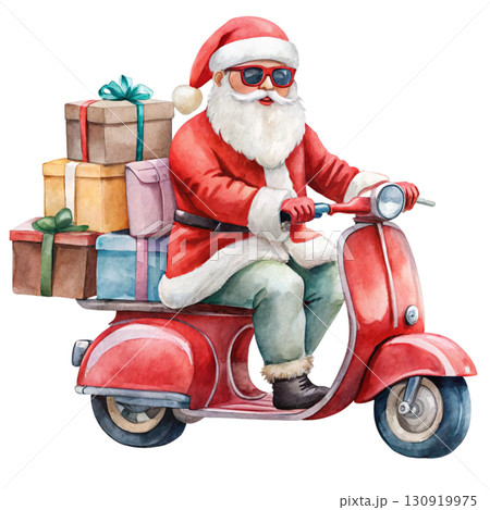 Santa Claus wearing sunglasses riding a Vespa, gift boxes white background Santa Claus wearing sunglasses riding a Vespa, gift boxes white background 130919975