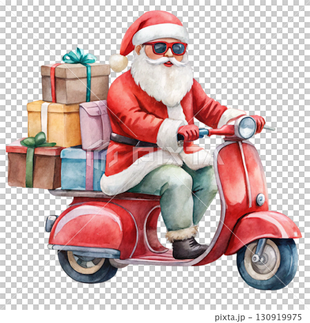 Santa Claus wearing sunglasses riding a Vespa, gift boxes white background Santa Claus wearing sunglasses riding a Vespa, gift boxes white background 130919975