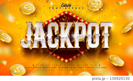 Jackpot 3D Text Effect Design Editable Vector Graphic Style with Shadow and Gold Framed Scalable Retro Typography Lettering, Light Bulb Billboard, Casino Coin and Falling Confetti on Shiny Yellow Jackpot 3D Text Effect Design Editable Vector Graphic Style with Shadow and Gold Framed Scalable Retro Typography Lettering, Light Bulb Billboard, Casino Coin and Falling Confetti on Shiny Yellow 130920130