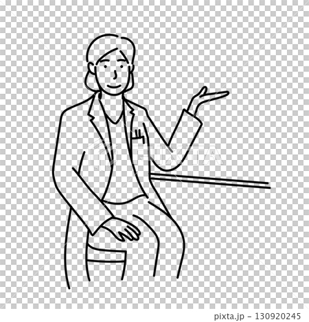 Stock Illustration: Line drawing illustration of a female doctor sitting in a chair and explaining with one hand 130920245