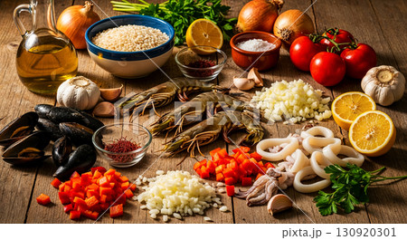 Preparing paella ingredients, seafood and vegetables laid out on an old wooden table, rustic coastal Spanish kitchen atmosphere, image for storytelling or recipes for popular dishes 130920301