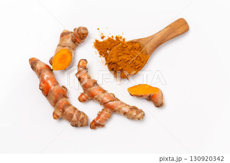 Dry Turmeric powder and turmeric root isolated on white background ,Top view 130920342
