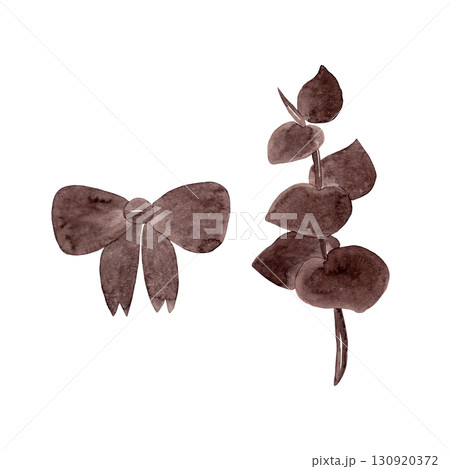 Eucalyptus branch and girlish bow. Brown tones. Watercolor isolated illustrations for your design 130920372