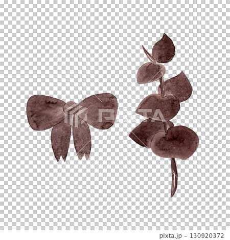 Eucalyptus branch and girlish bow. Brown tones. Watercolor isolated illustrations for your design 130920372