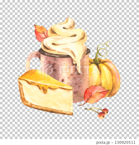 Autumn composition with cocoa mug, pumpkin and pie slice in warm tones, hand-painted watercolor illustration great for cozy seasonal projects, stickers, clipart and holiday decor. 130920511