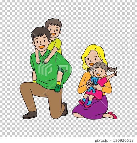 幸せな家族のイラスト – 笑顔の両親と子供たち 幸せな家族のイラスト – 笑顔の両親と子供たち 130920518