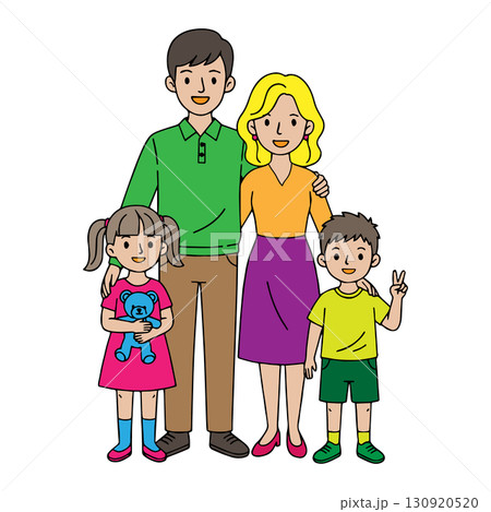 幸せな家族のイラスト – 笑顔の両親と子供たちのイラスト素材