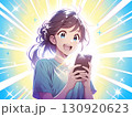 スマホを見て嬉しいサプライズに笑顔を輝かせる女性 130920623