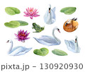 Watercolor set of swans, lotuses, duck and frog isolated on a white background. Good for postcards, invitations, greeting cards 130920930