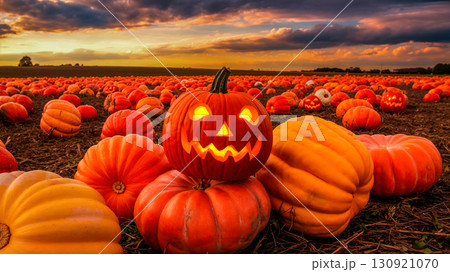 Pumpkin lantern on a field full of ripe orange fruits under a cloudy autumn sky, bright decoration for Halloween 130921070