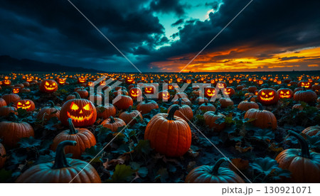 Late gloomy evening on a field full of ripe pumpkins turning into burning sinister heads for halloween, poster idea with copy space for holiday decoration 130921071