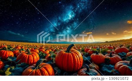 Night starry sky with milky way over autumn pumpkin field, dramatic mood for autumn seasonal themes and poster for harvest festival or banner for Halloween 130921072