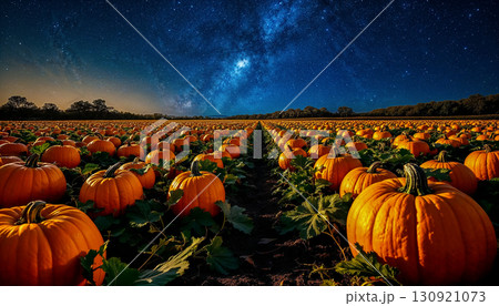 Rows of orange ripe pumpkins under stunning starry night sky, rural landscape perfect for fantasy and banner for autumn festivals and Halloween 130921073