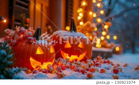 Glowing pumpkins on the porch with candy and treats for Halloween, first early autumn snow on the porch, holiday atmosphere and a weekend for autumn evenings 130921074