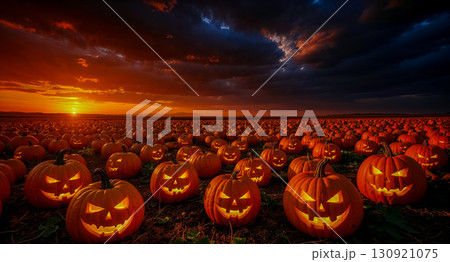 Halloween magic with endless pumpkin patch with glowing pumpkins under dark magical sky, festive design and autumn seasonal stories for fall holiday ad design 130921075