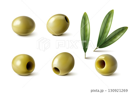 Pitted olives and green leaves set 130921269