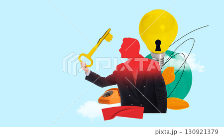 Bright collage. Businessman with golden key unlocking light bulb symbolizing new ideas Bright collage. Businessman with golden key unlocking light bulb symbolizing new ideas 130921379
