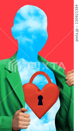 Surreal composition of faceless figure opening jacket revealing heart lock inside chest Surreal composition of faceless figure opening jacket revealing heart lock inside chest 130921384