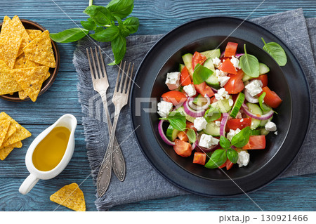 tomato cucumber salad with goat cheese, basil tomato cucumber salad with goat cheese, basil 130921466